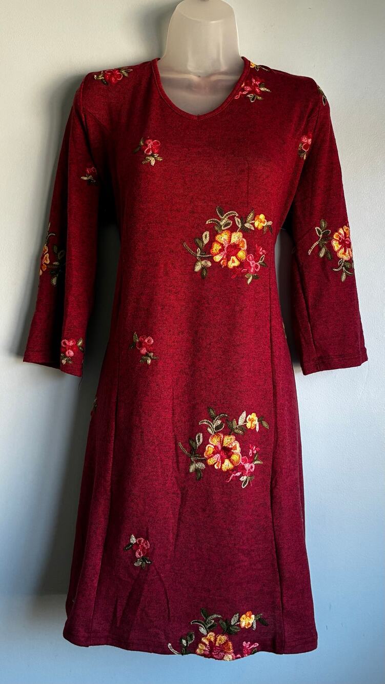 Ana & Rose Burgundy Embroidered Floral A-Line Dress 3/4 Sleeve XL
